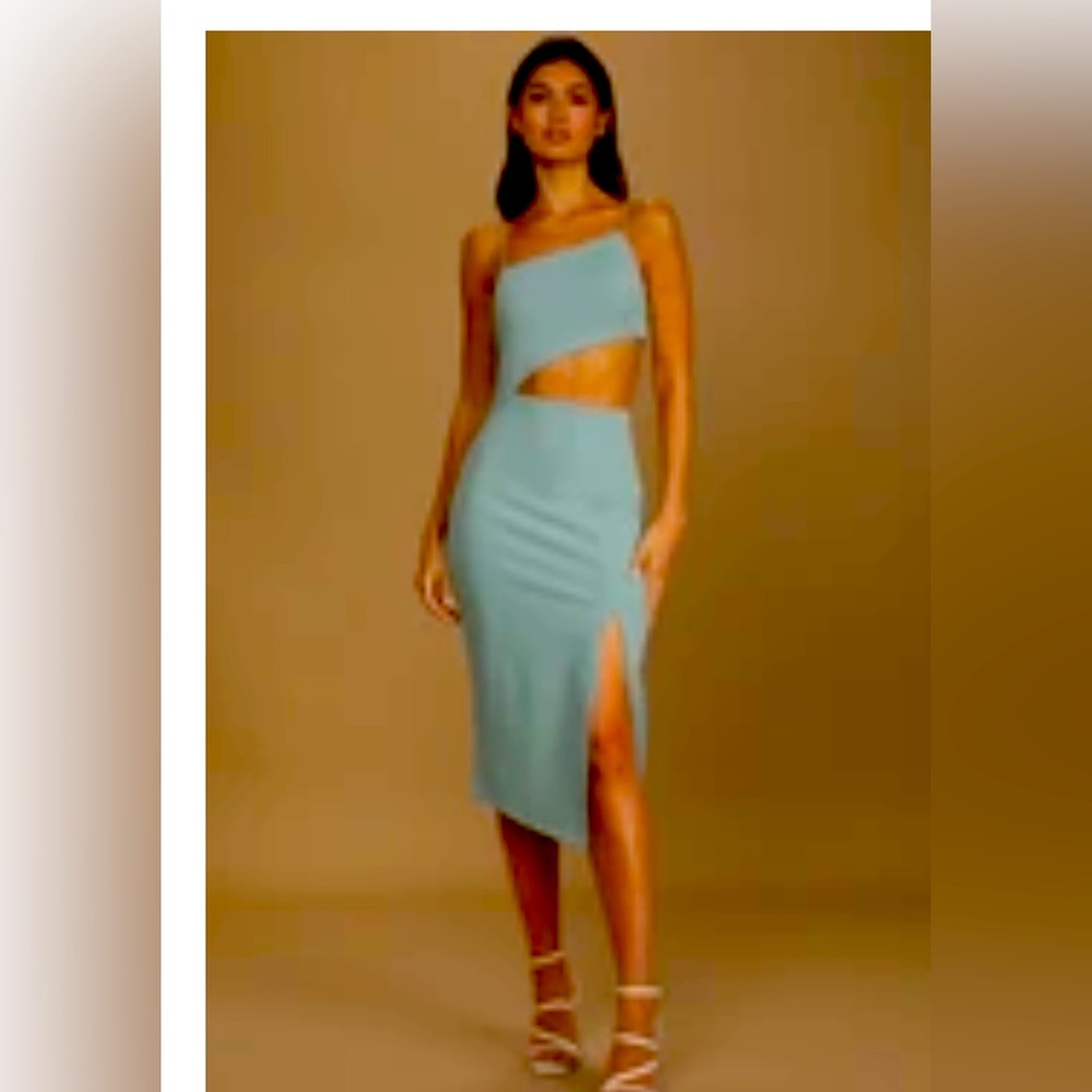 Flawless Attitude Sage Blue Asymmetrical Cutout MIDI Dress